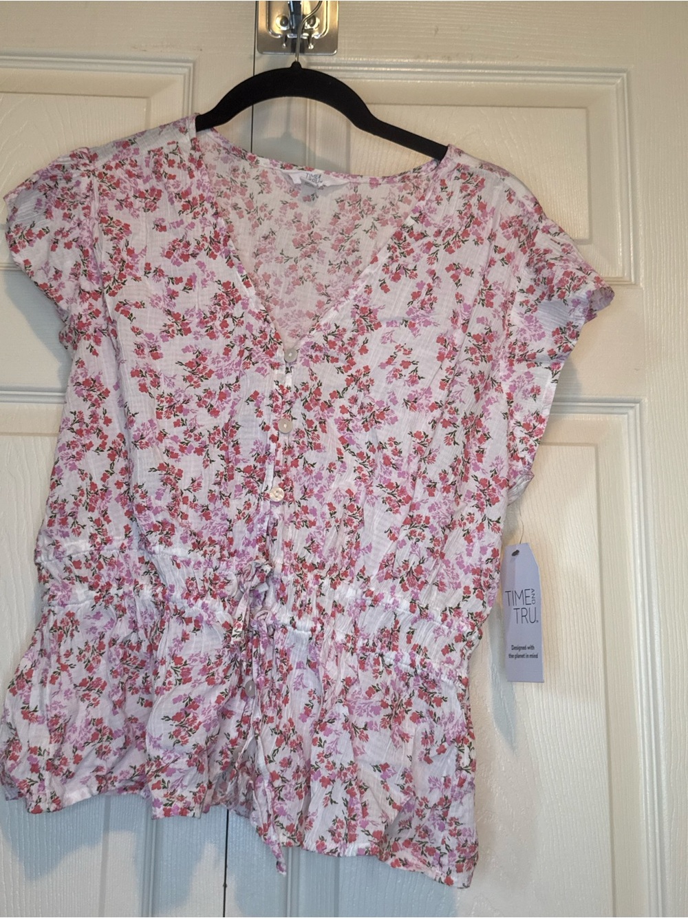 Time and Tru White Pink Floral Country-Girl Style Blouse - S - NWT